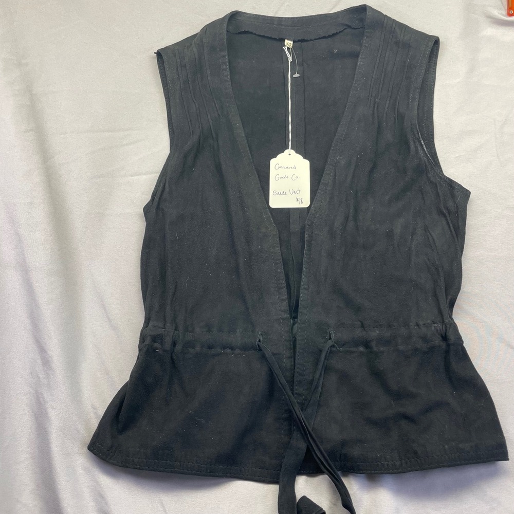 Vintage Black Suede Peplum Vest Drawstring Waist Pintuck Detail Sleeveless Top
